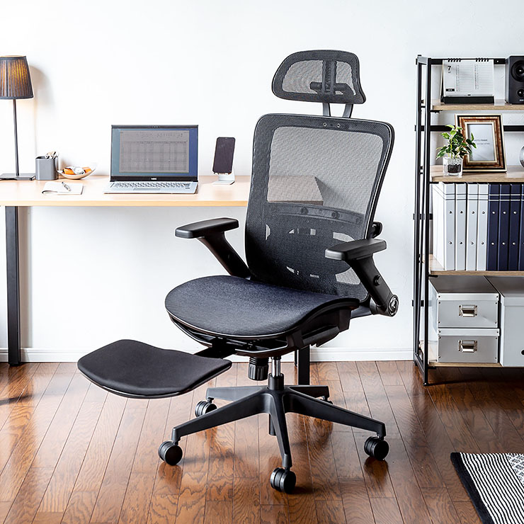 サンワサプライ 人間工学 オットマン収納メッシュチェア 150-SNCM007 オフィスチェア メッシュ ヘッドレスト シンクロロッキング