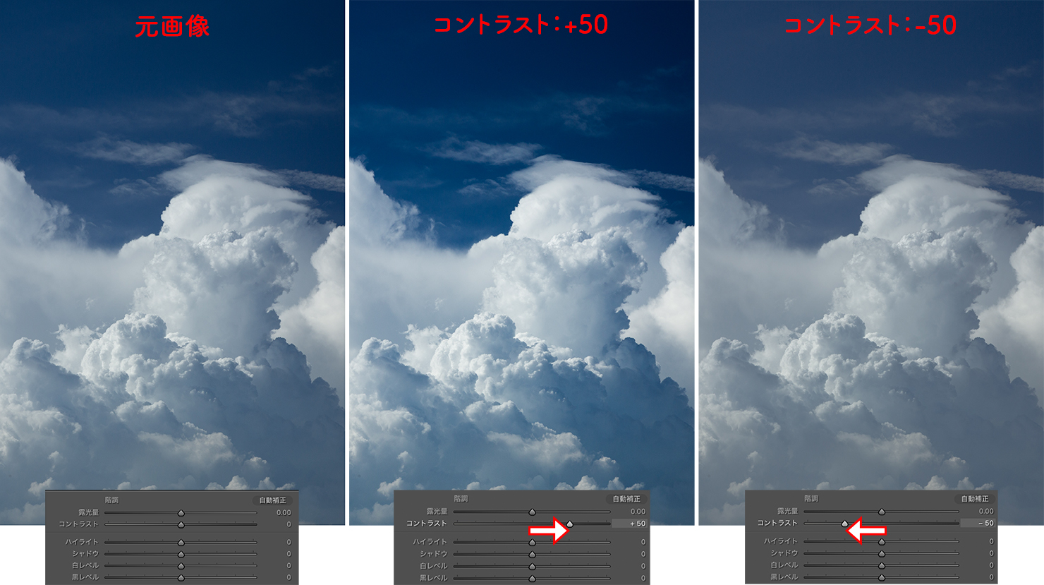 Lightroomでコントラストの数値を変えて画像の雲の写真の明るさを比較した図