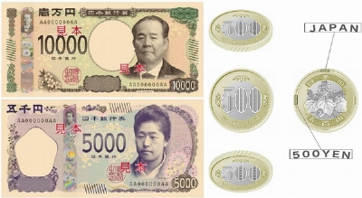 日本の紙幣と500円玉のデザインが変更。高精細すき入れや
