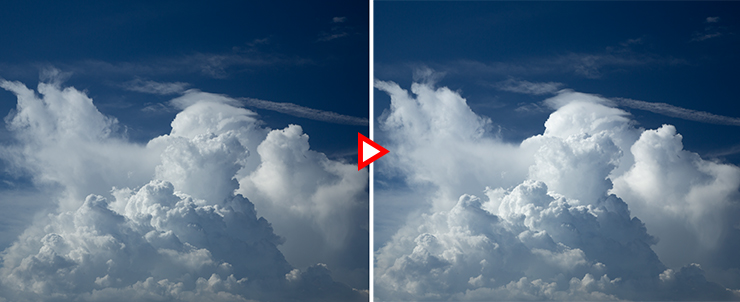 Lightroomでハイライトの数値を変えて雲の写真の明るさを変更した図