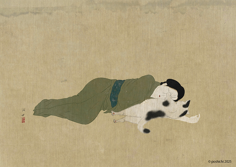 絵画『座った猫』ヘイ平山画 クスッと笑える猫との日常の一幕が描かれたイラスト展「猫が私にした
