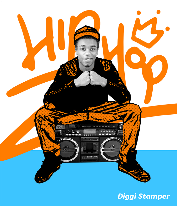 人がラジカセに座ってポージングしている写真とイラストが混ざったグラフィック