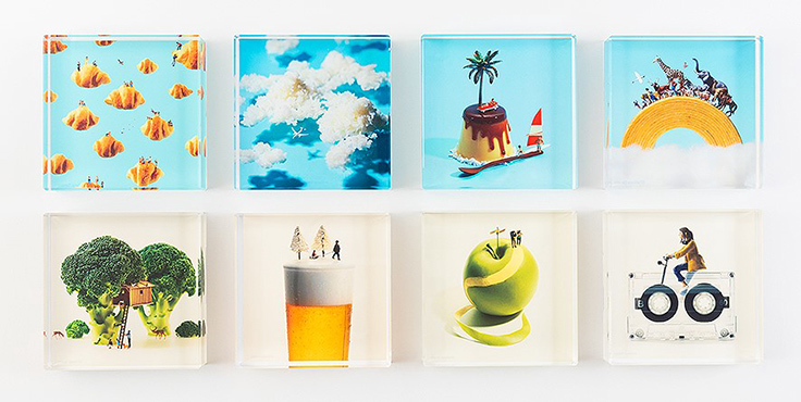 ミニチュア写真家・見立て作家の田中達也氏の作品をアクリルブロック化